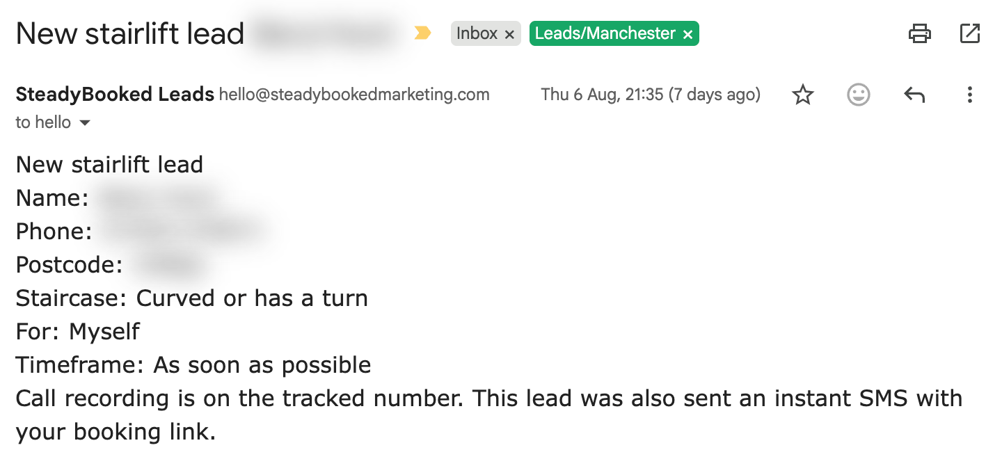 A single redacted stairlift enquiry alert showing staircase type, who it is for and the timeframe