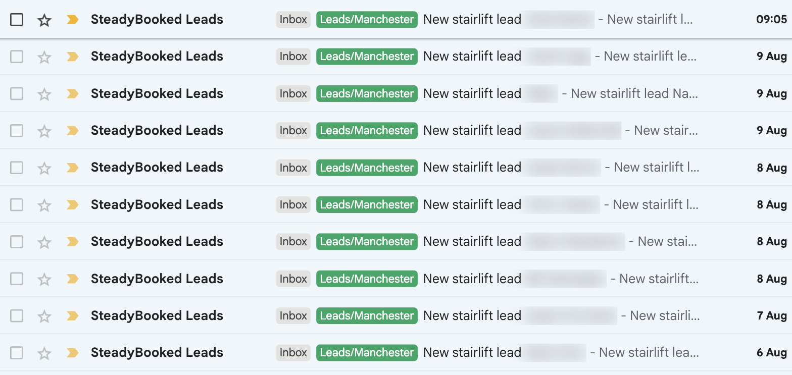 Live enquiry inbox showing redacted stairlift enquiry alerts